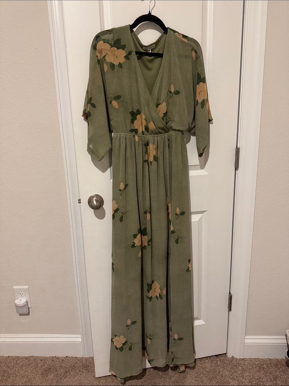 Olive Green Floral Maxi Dress with Wrap V-Neck